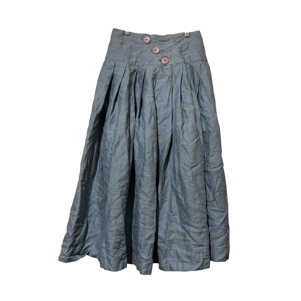 Vintage Toffs 100% Linen Pleated Midi Skirt Blue Gray High Waist Button Side 3/4